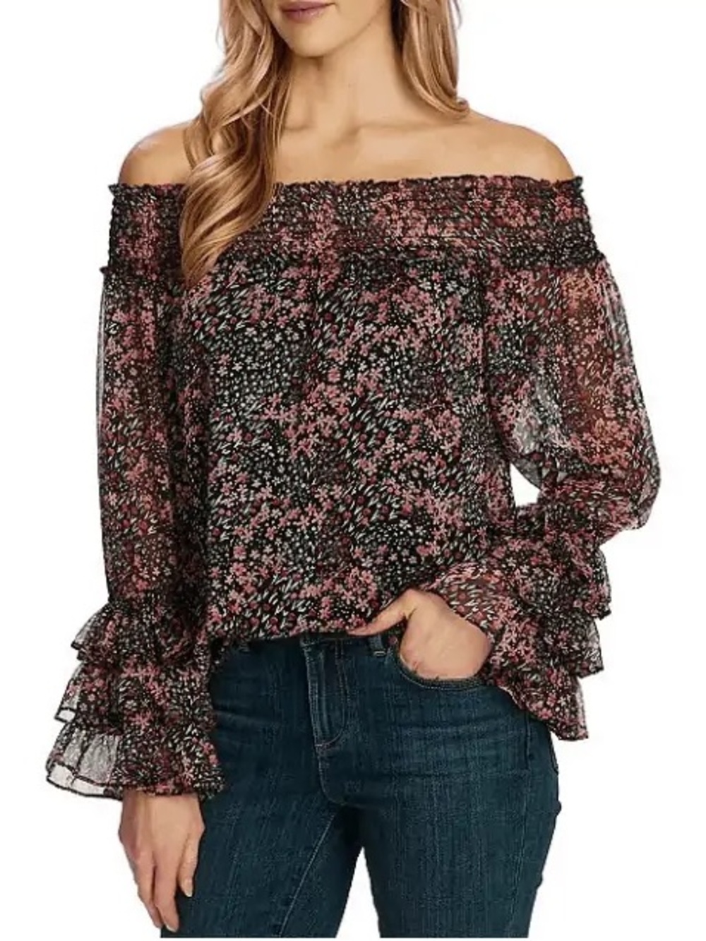 CeCe Black & Pink Floral Print and Smocked Neck Off the Shoulder Blouse